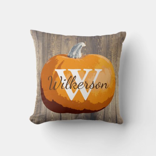 Rustic Country Thanksgiving Pumpkin Family Name Throw Pillow