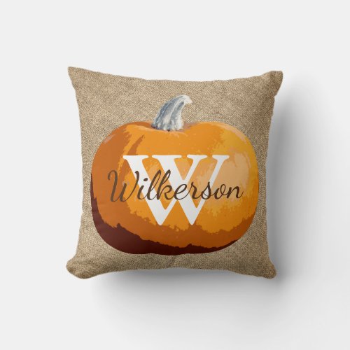 Rustic Country Thanksgiving Pumpkin Family Name Throw Pillow