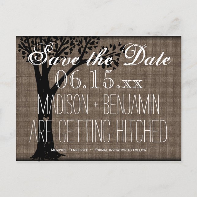 Rustic Country Tree Burlap Save the Date Postcards (Front)