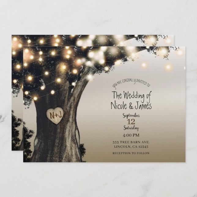 Rustic Country Tree & Lights Modern Barn Wedding Invitation (Front/Back)