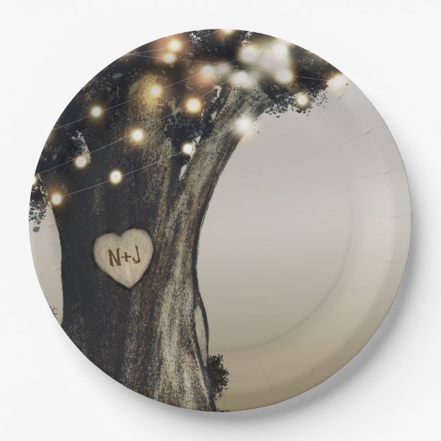 Rustic Country Tree & Lights Modern Barn Wedding Paper Plates (Front)
