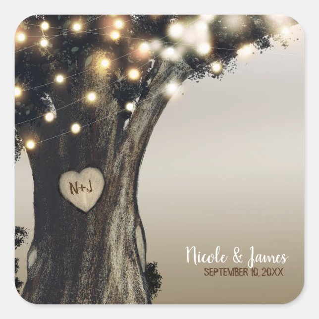 Rustic Country Tree & Lights Modern Barn Wedding Square Sticker (Front)