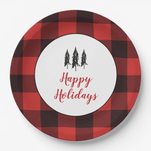 Rustic Country Tree Red and Black Flannel Pattern Paper Plates