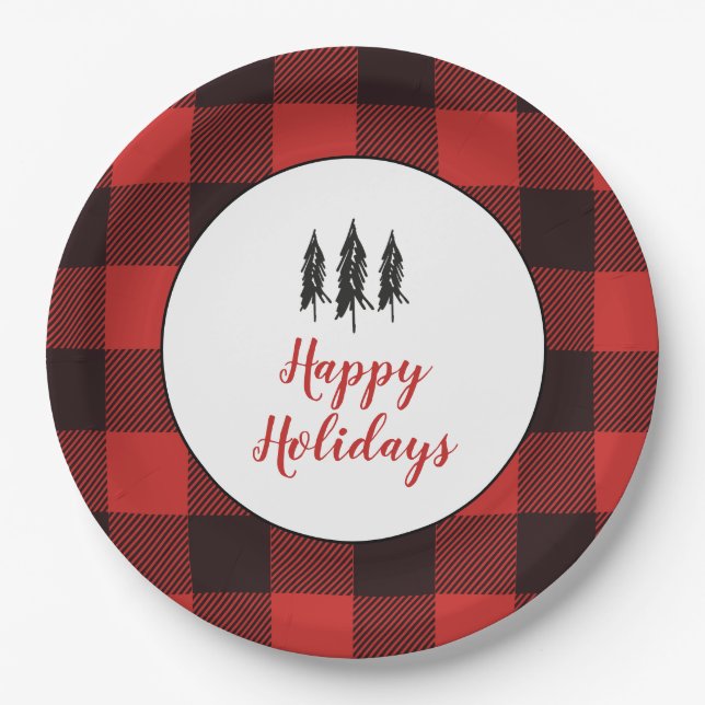 Rustic Country Tree Red and Black Flannel Pattern Paper Plates (Front)