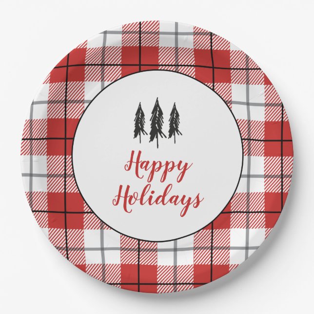 Rustic Country Tree Red and White Flannel Pattern Paper Plates (Front)