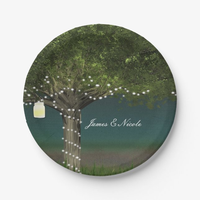 Rustic Country Tree & String Lights Wedding Plates (Front)