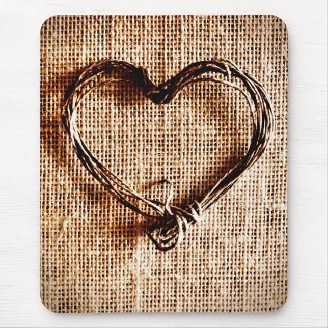 Rustic Country Twine Heart on Burlap Print Mouse Pad (Front)