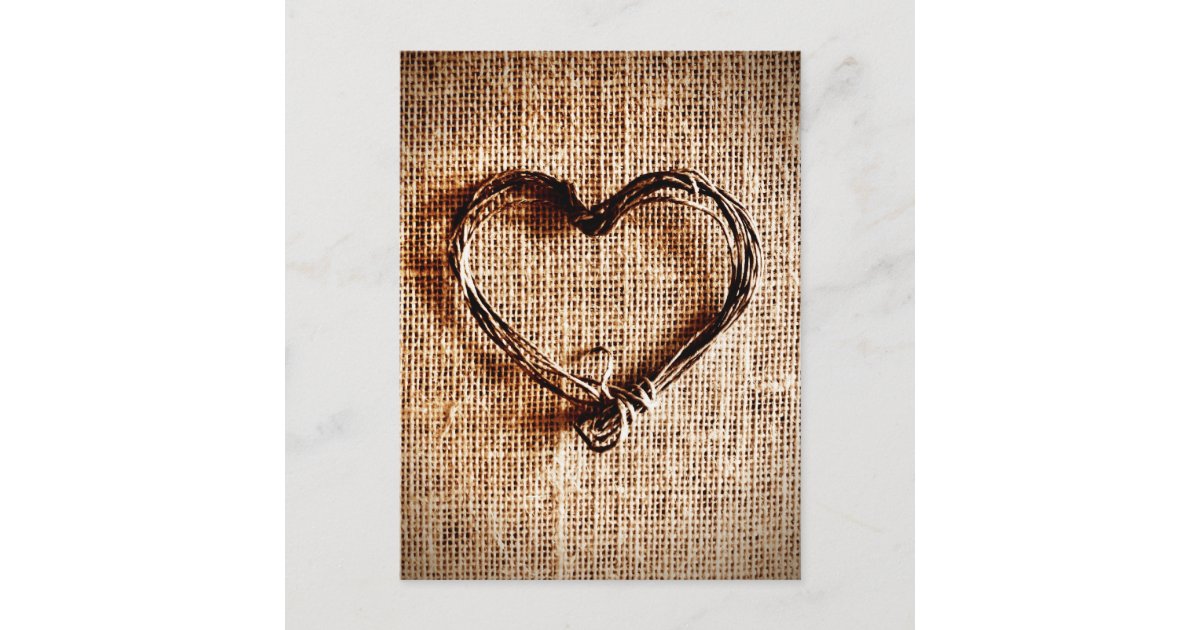 Rustic Country Twine Heart on Burlap Print Postcard Zazzle