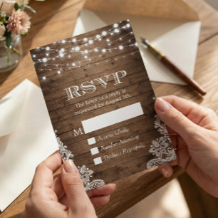 Rustic Country Twinkle Lights Lace Barn Wood RSVP Card