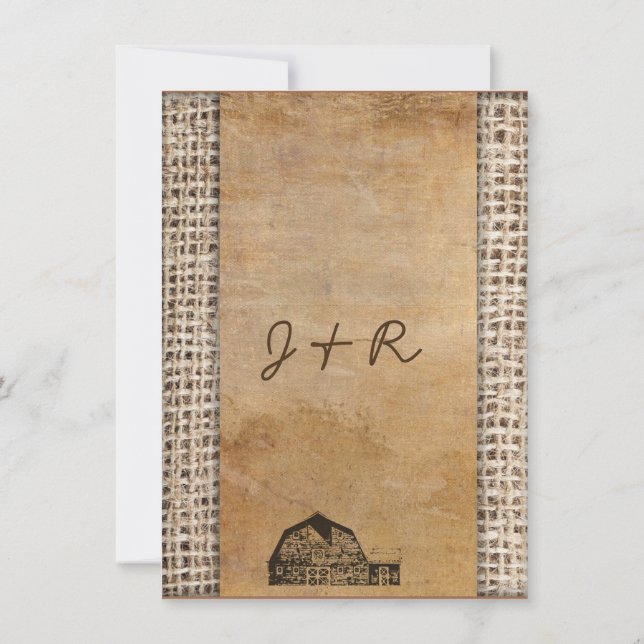Rustic Country Vintage Barn Burlap Invitation (Back)
