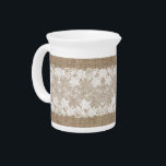 Rustic country vintage beige burlap and white lace beverage pitcher<br><div class="desc">Rustic vintage traditional country farmhouse style beverage pitcher on beige faux burlap featuring a beautiful white transparent lace with a floral pattern.</div>