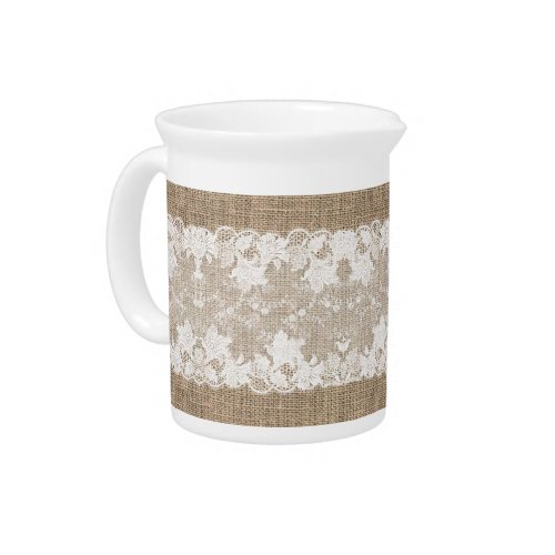 Rustic country vintage beige burlap and white lace beverage pitcher