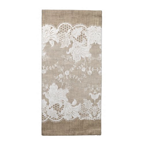 Rustic country vintage beige burlap and white lace cloth napkin