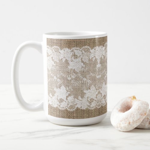 Rustic country vintage beige burlap and white lace coffee mug