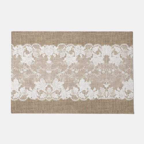 Rustic country vintage beige burlap and white lace doormat