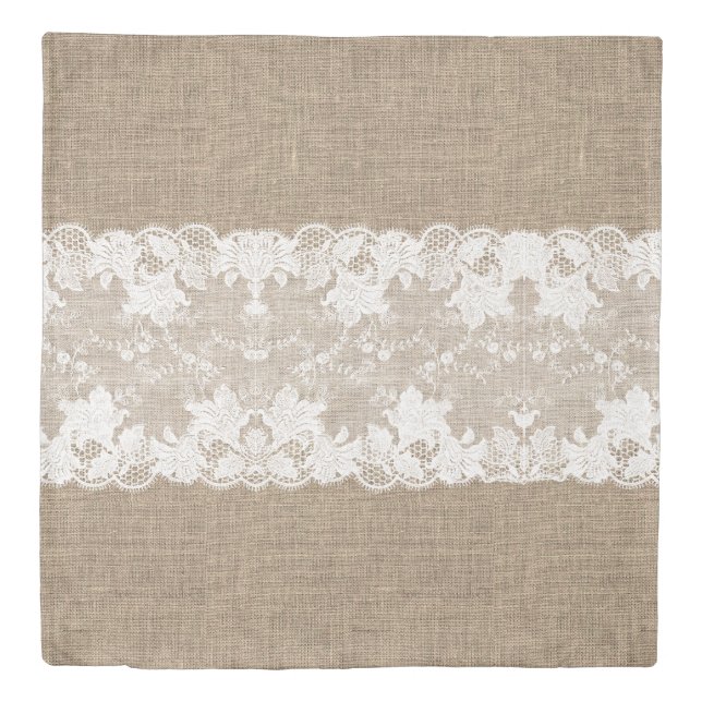Rustic country vintage beige burlap and white lace duvet cover (Front)