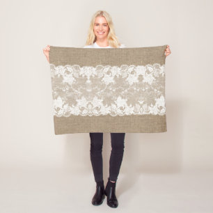 Rustic country vintage beige burlap and white lace fleece blanket