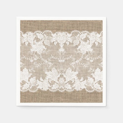 Rustic country vintage beige burlap and white lace napkins