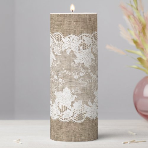 Rustic country vintage beige burlap and white lace pillar candle