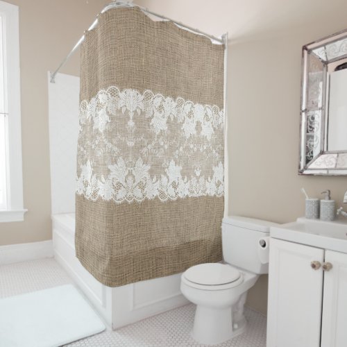 Rustic country vintage beige burlap and white lace shower curtain
