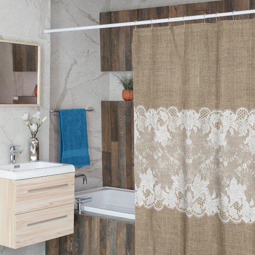 Rustic country vintage beige burlap and white lace shower curtain