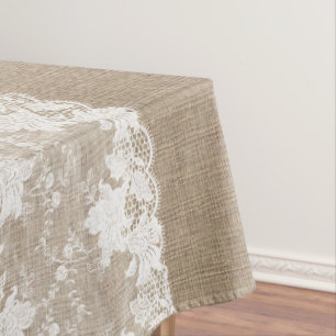 Rustic country vintage beige burlap and white lace tablecloth
