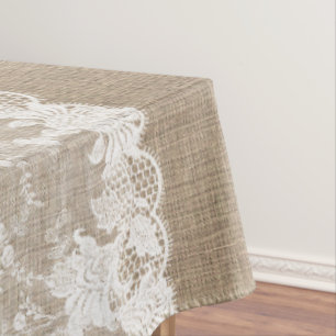 Rustic country vintage beige burlap and white lace tablecloth