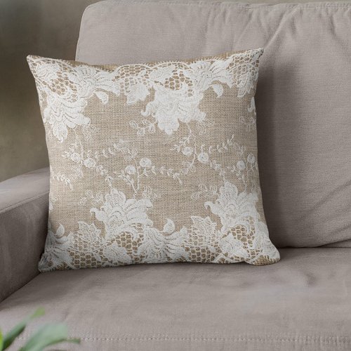 Rustic country vintage beige burlap and white lace throw pillow