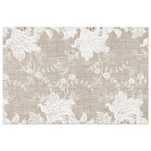 Rustic country vintage beige burlap and white lace tissue paper