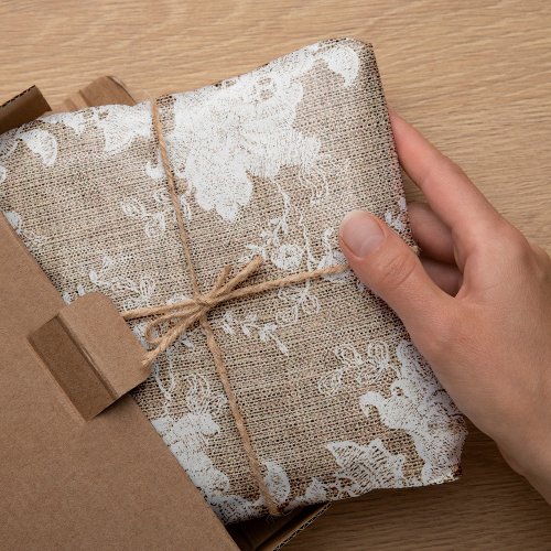 Rustic country vintage beige burlap and white lace tissue paper