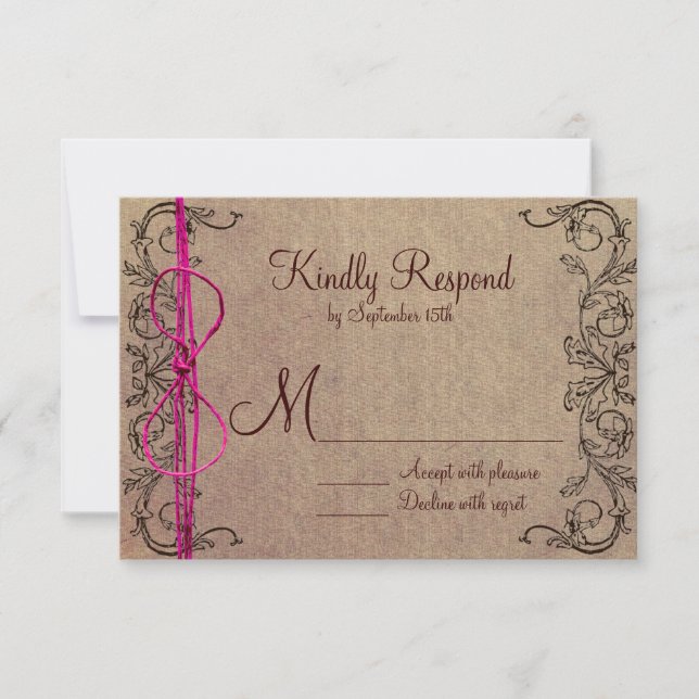Rustic Country Vintage Brown Pink Wedding RSVP Card (Front)