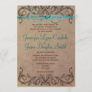 Rustic Country Vintage Brown Teal Wedding Invites