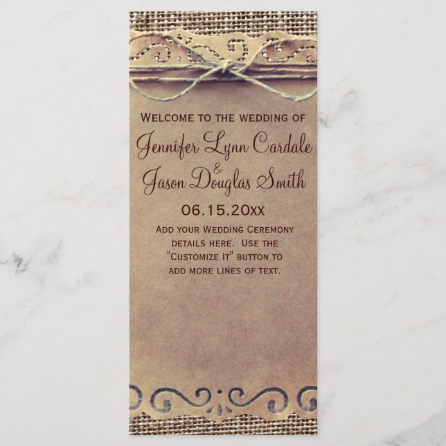 Rustic Country Vintage Burlap Wedding Program (Front)