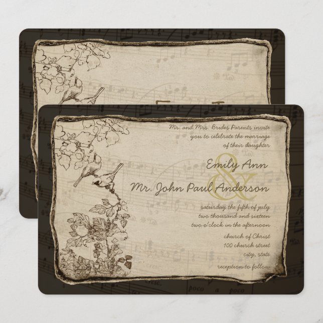 Rustic Country Vintage Lovebird Wedding Invitation (Front/Back)