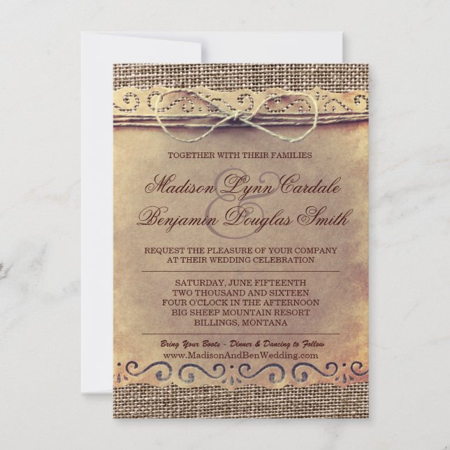 Rustic Country Vintage Paper Burlap Wedding Invite (Front)