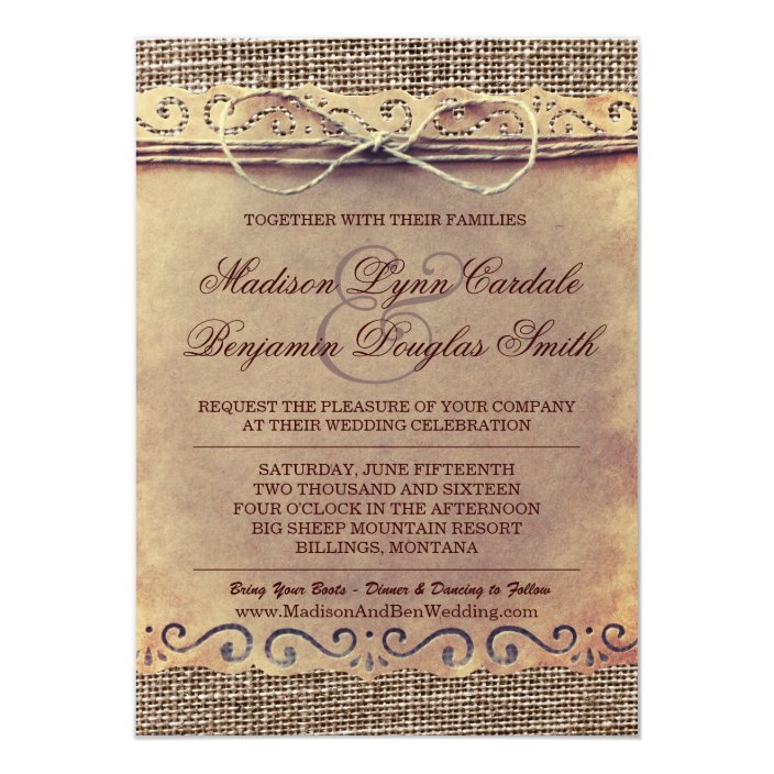 Rustic Country Vintage Paper Burlap Wedding Invite Zazzle Vintage Paper Burlap Wedding Invite