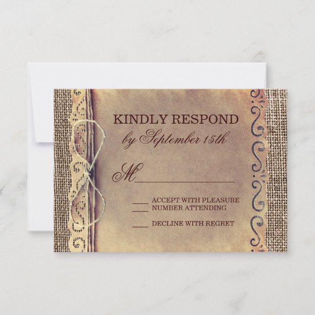 Rustic Country Vintage Paper Burlap Wedding RSVP (Front)