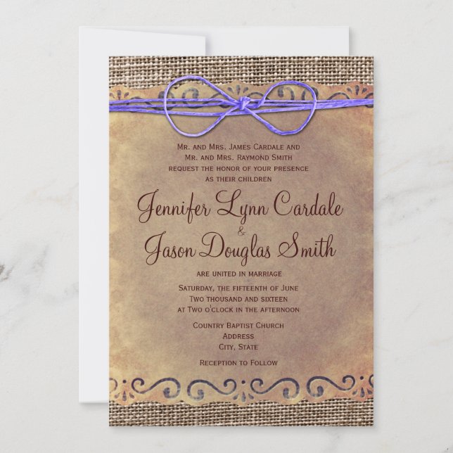 Rustic Country Vintage Wedding Invites Purple Bow (Front)