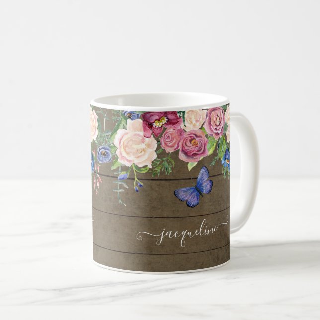 Rustic Country Watercolor Floral Navy Burgundy Coffee Mug (Front Right)