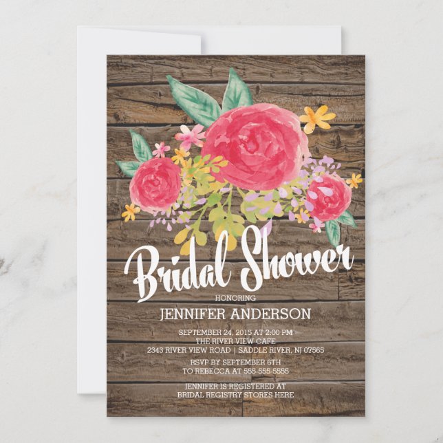 Rustic Country Watercolor Flowers Bridal Shower Invitation (Front)