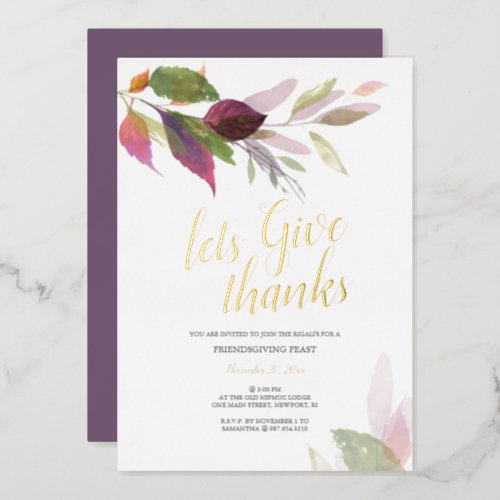 Rustic Country Watercolor Leaves Thanksgiving Foil Invitation