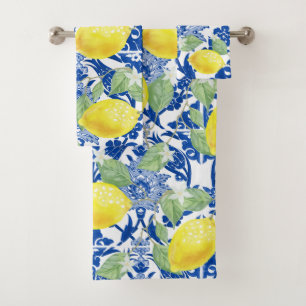 Rustic Country Watercolor Lemons & Blue Floral Bath Towel Set