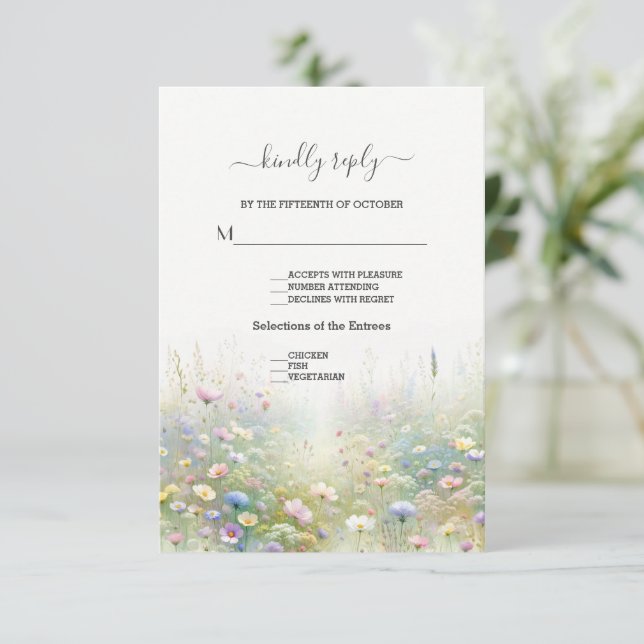 Rustic Country Watercolour Wildflowers Wedding RSVP Card (Standing Front)