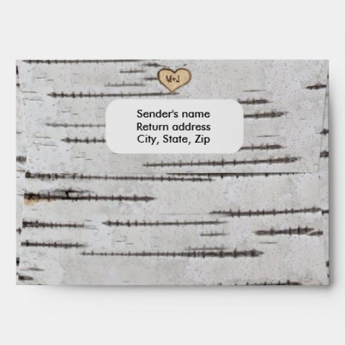 Rustic country wedding birch tree heart initials envelope