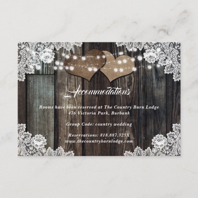 Rustic Country Wedding Hotel Accommodation Card (Front)