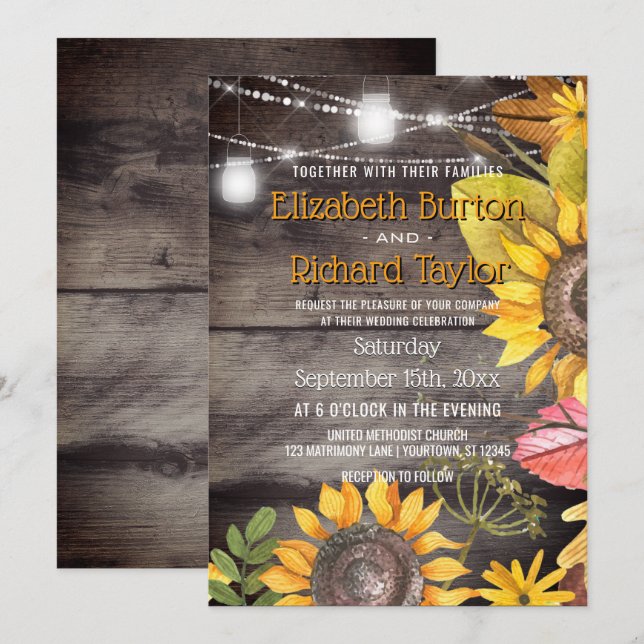 Rustic Country Wedding Mason Jar Lights Sunflower Invitation (Front/Back)