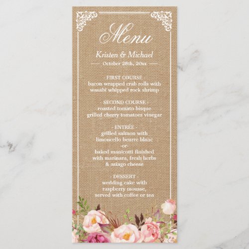 Rustic Country Wedding Menu Vintage Burlap Floral