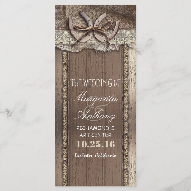 rustic country wedding programs with horseshoe (Front)