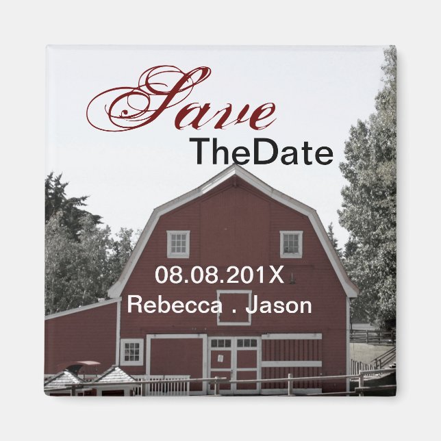 rustic country wedding red barn save the date magnet (Front)