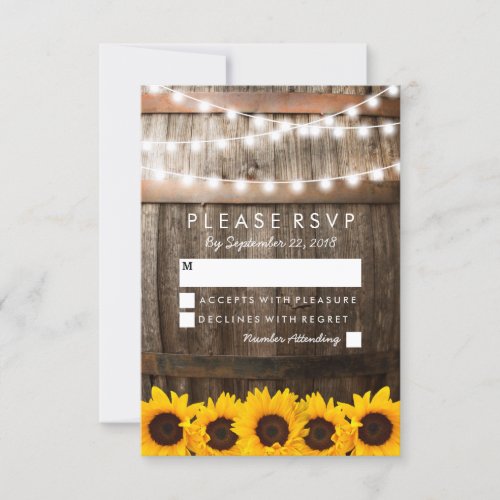 Rustic Country Wedding RSVP | Sunflower Lights - SUNFLOWER VINEYARD WEDDING RSVP CARDS | Country barn dark oak barrel background, twinkle string lights, golden yellow sunflowers, your monogram and a modern rsvp template. Find other wood wedding response cards at http://www.zazzle.com/special_stationery